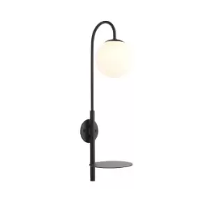 Image of Satin Black Plug-In Wall Lamp Light Fitting & Shelf - Opal Glass Shade