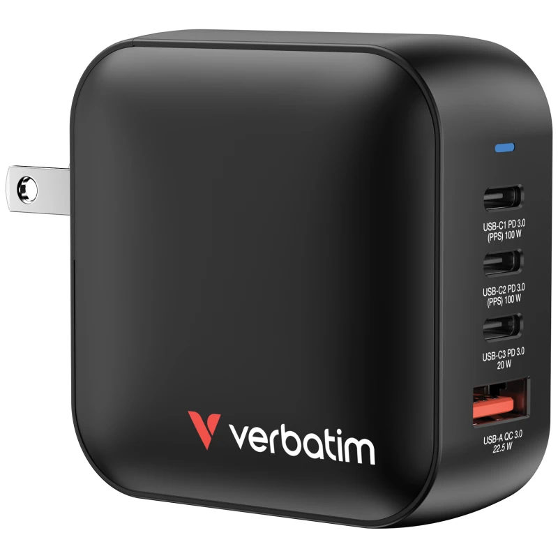 Image of Verbatim Verbatim Mini GaN Charger Travel charger 100 W 1x USB-A, 3x USB-C Power Delivery, Power Delivery 3.0, QC 3.0 Black Quick charger, GaN, incl.