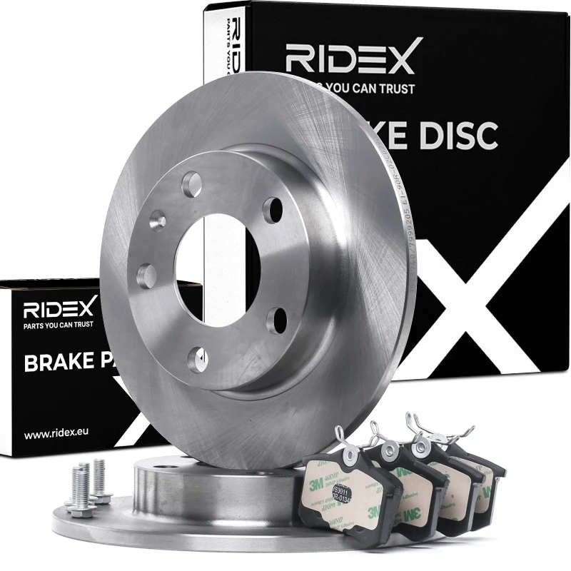 Image of RIDEX 3405B1060 Brake disc and pads set Rear Axle, Brake Disc Type: Solid, without integrated wear sensor Brake Set,disc brakes (3405)