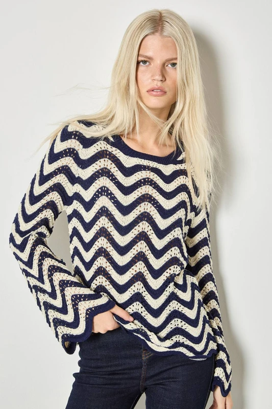 Image of Apricot Womens Stripe Waves Pointelle Knit Jumper in Navy Size: 12 Navy Female 12