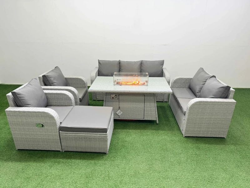 Image of Fimous PE Rattan Garden Furniture Set Reclining Chair Sofa Double Love Seat 2 Seater Sofa Lounge Set Firepit Dining Table Big Footstool Light Grey Lig
