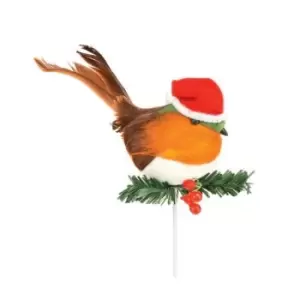 Image of Premier Robin With Santa Hat Pick Christmas Decoration (One Size) (Red/Orange/Brown)