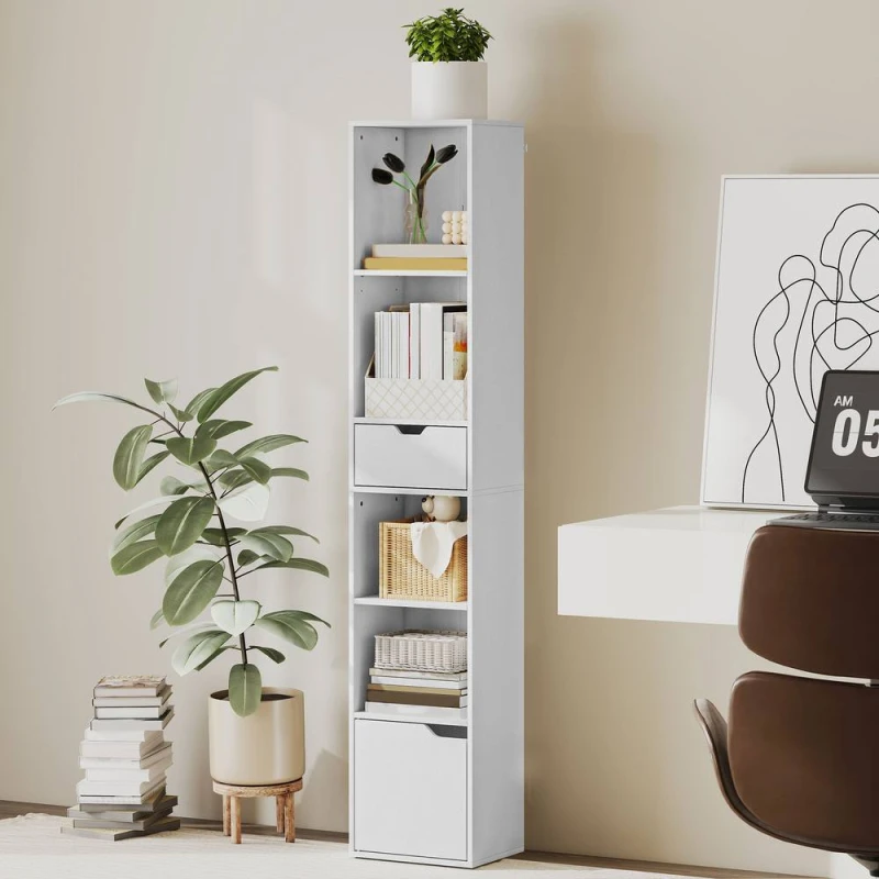 Image of HOMCOM Narrow Bookshelf with Drawer, Tall Bookcase for Living Room in White White Unisex
