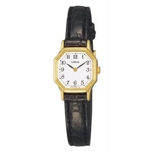 image of Lorus RPG40BX8 Ladies Black Leather Strap Dress Watch with Hexagonal Gold Case