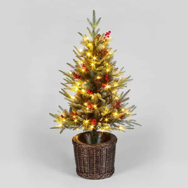Image of SnowTime 4ft Pre-Lit Ontario Christmas Tree in Basket w/ 100 LEDs Green
