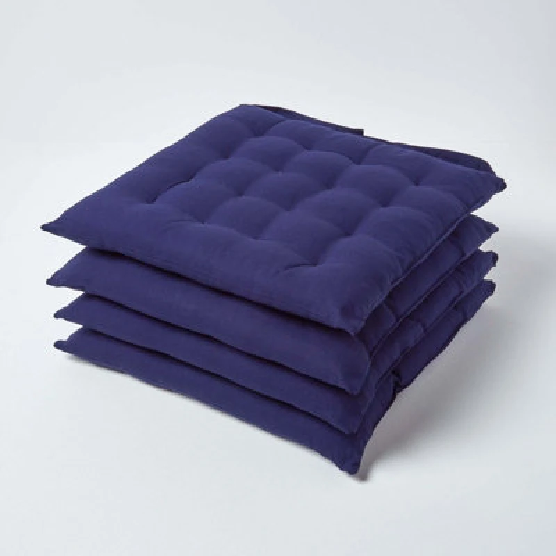 Image of Homescapes Navy Blue Seat Pads Or Cotton Chair Cushions 40X40 Cm, Set Of 4 Plain Chair Pads For Dining, Kitchen Or Outdoor