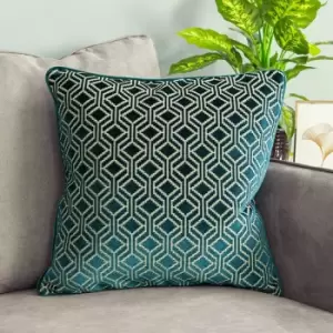 Image of Paoletti - Avenue Geometric Jacquard Velvet Cushion Cover, Teal, 45 x 45 Cm