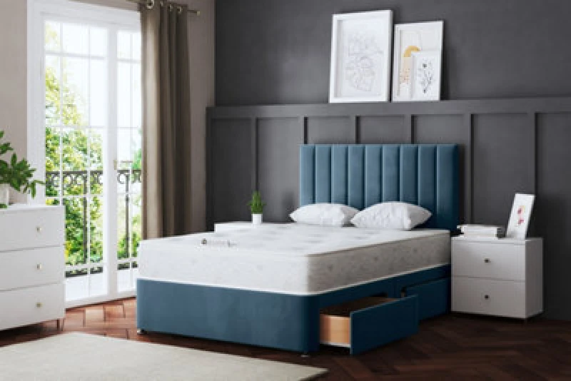 Image of DS Living Amelia Upholstered Divan Bed with 2 Draw Metallic Blue with Headboard Double, Blue A_SON2_DBL_BLU