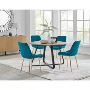 Image of Furniture Box Santorini Brown Round Dining Table and 4 Blue Pesaro Gold Leg Chairs