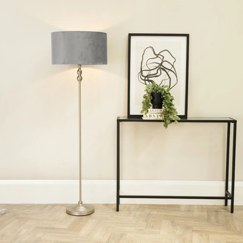 Image of ValueLights Maggie Brushed Chrome Silver Candlestick Floor Lamp with Velvet Lamp Shade Black