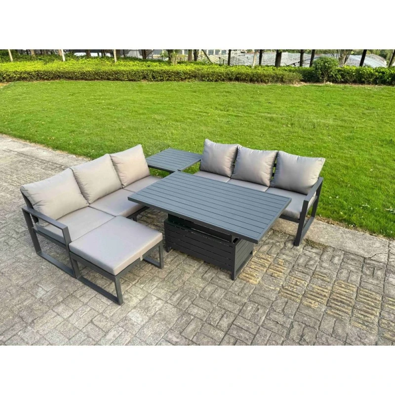 Image of Fimous Aluminum 5 Piece Sofa Set with Lifting Table, Side Table, Big Stool in Dark Grey Dark Grey Unisex