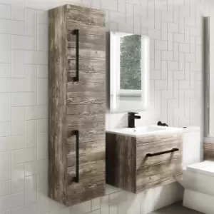 image of 350mm Wood Effect Hung Tall Bathroom Cabinet with Black Handles - Ashford