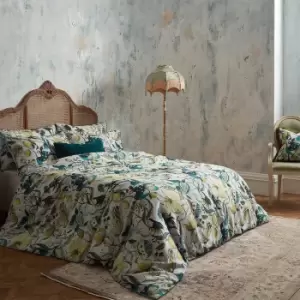 image of Morton Floral Printed Cotton Sateen Piped Duvet Cover Set Teal, Teal / King