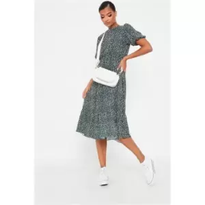 image of I Saw It First Emerald Green Polka Dot Puff Sleeve Smock Midi Dress - Green