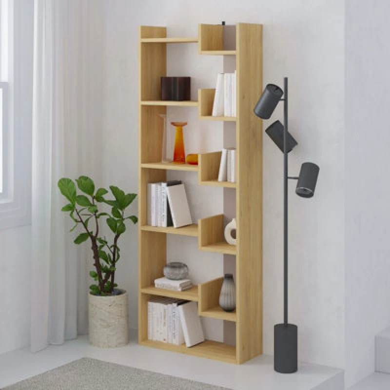 Image of Decortie Bookcase Shelving Unit 69X162.4Cm Wall-mounted Bookcase, Particleboard Oak, Mocha Grey, Multi 8683628008690
