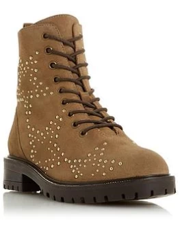 image of Dune London Prentice Nubuck Studded Star Embellished Lace Up Ankle Boots - Taupe, Size 3, Women