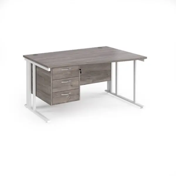 Image of Maestro 25 right hand wave desk 1400mm wide with 3 drawer pedestal - white cable managed leg frame, grey oak top