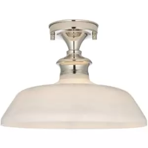 image of Semi Flush Ceiling Light Fitting - Bright Nickel Plate & Gloss Opal Glass Shade