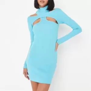 image of Missguided Rib High Neck Overlay Cut Out Mini Dress - Blue