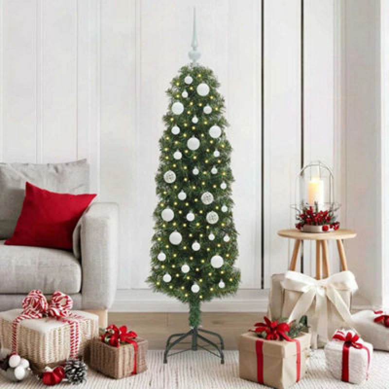 Image of vidaXL Artificial Christmas Tree with 150 LEDs, White Balls with Stand Green 150 x 43 cm, Green 3394933
