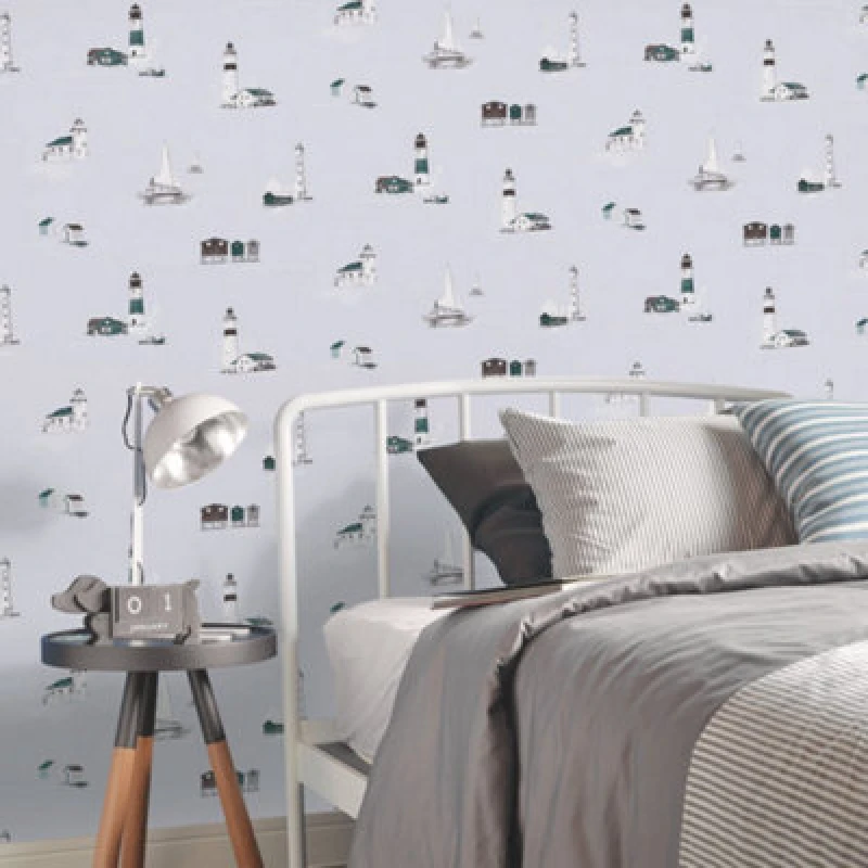 Image of Galerie Deauville 2 Green Grey White Beach Huts Smooth Wallpaper