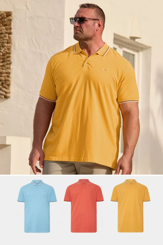 Image of BadRhino Mens 3 Pack Tipped Polo Shirts in Baby Blue Size: 5-6XL Baby Blue Male 5-6XL