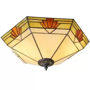 Image of Tiffany Glass Semi Flush Ceiling Light Cream & Red Inverted Hex Shade i00058
