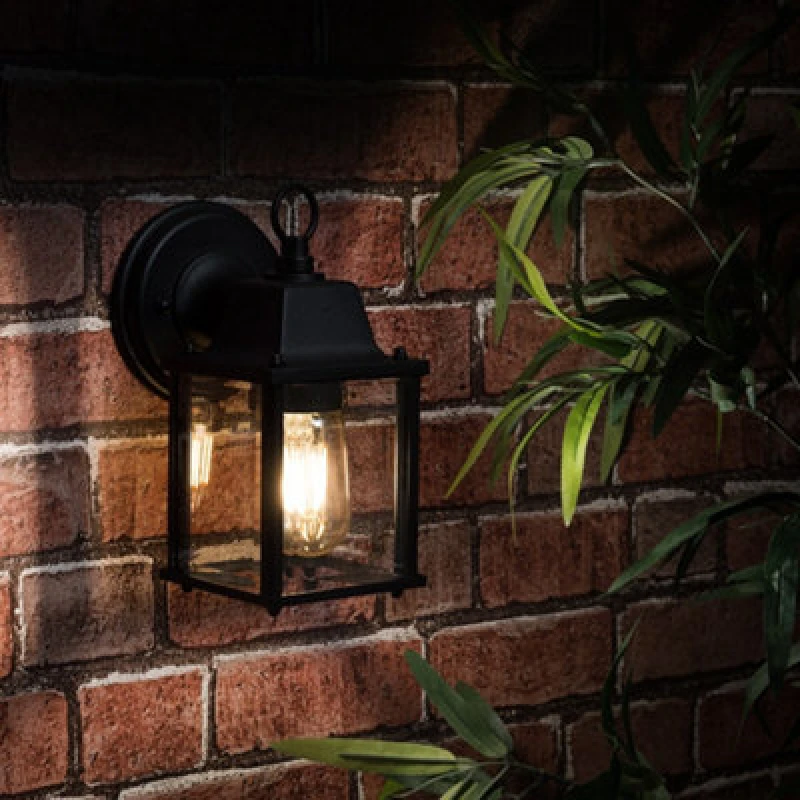 Image of Valuelights Allgreave Ip23 Rated Black Metal & Glass Outdoor Security Wall Light Lantern With LED Bulb
