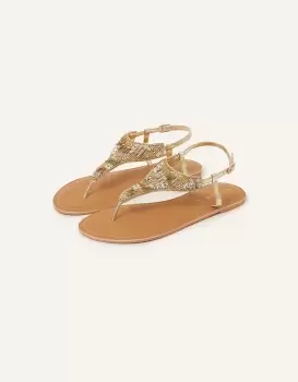 Image of Accessorize Womens Bead and Sequin Embellished Toe Post Sandals Gold, Size: 40