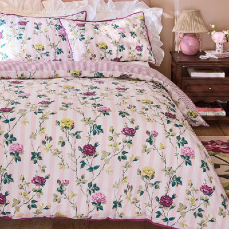 Image of Cath Kidston Climbing Rose Stripe Reversible Cotton Single Duvet Cover Set With Pillowcase Pink