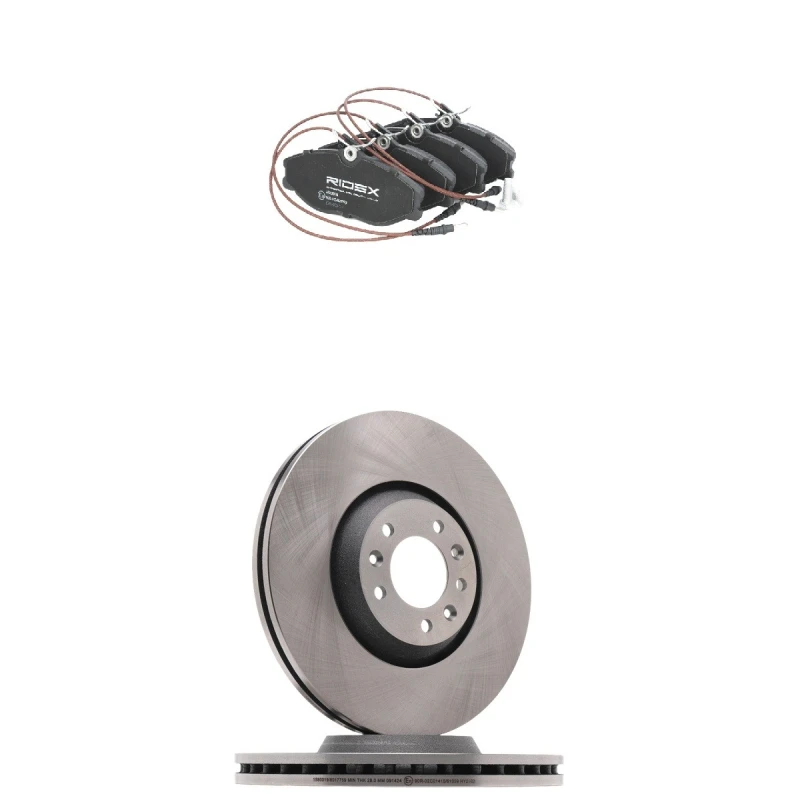 Image of RIDEX 3405B2905 Brake disc and pads set Front Axle, Brake Disc Type: internally vented, incl. wear warning contact Brake Set,disc brakes (3405)