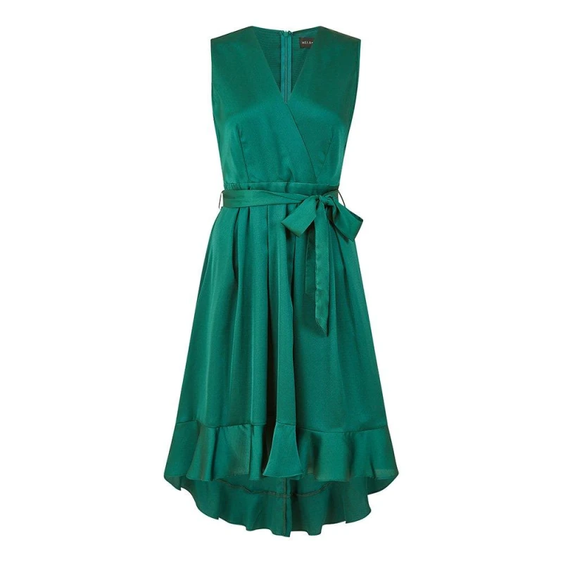 Image of Mela London Mela London Green Satin Dipped Hem Midi Dress Green 6