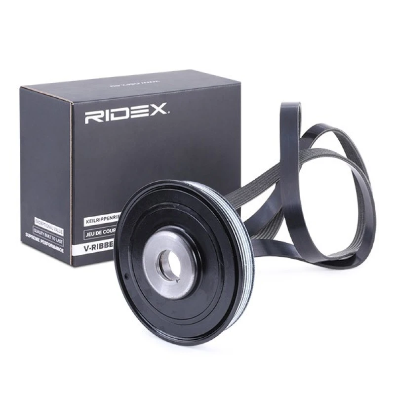 Image of RIDEX 542R1045 V-ribbed belt set without screw, Pulleys: with crankshaft pulley V-Ribbed Belt Set (542)