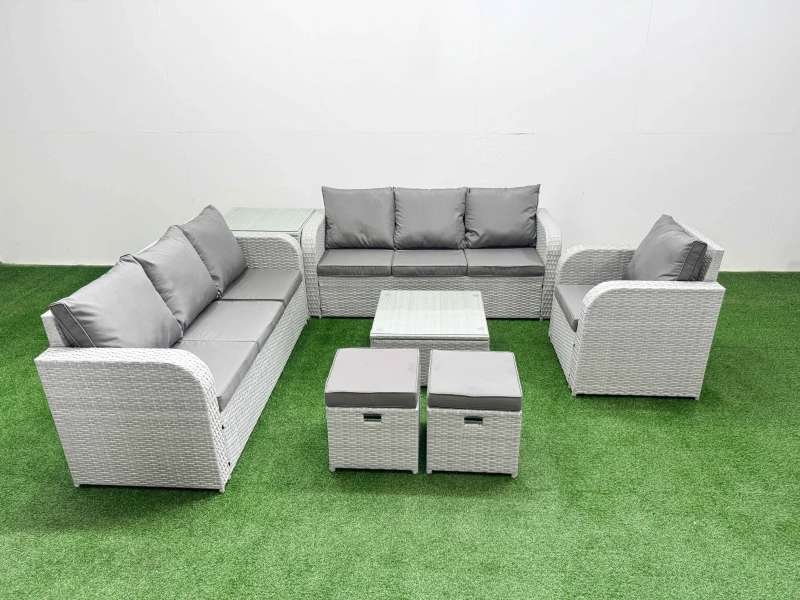 Image of Fimous 9 Seater Poly Rattan Outdoor Garden Furniture Square Coffee Table Sofa Set Patio 3 Seater Sofa Reclining Chair 3 Seater Sofa Stools Side Table