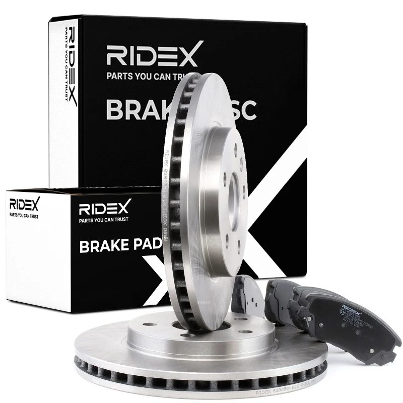 Image of RIDEX 3405B0231 Brake disc and pads set Photo corresponds to scope of supply, Front Axle, Brake Disc Type: internally vented, with brake pads Brake S