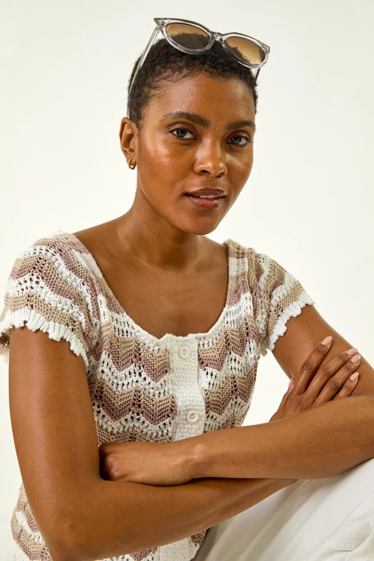 Image of Roman Womens Wave Crochet Buttoned Top in Ivory Size: 16 Ivory Female 16