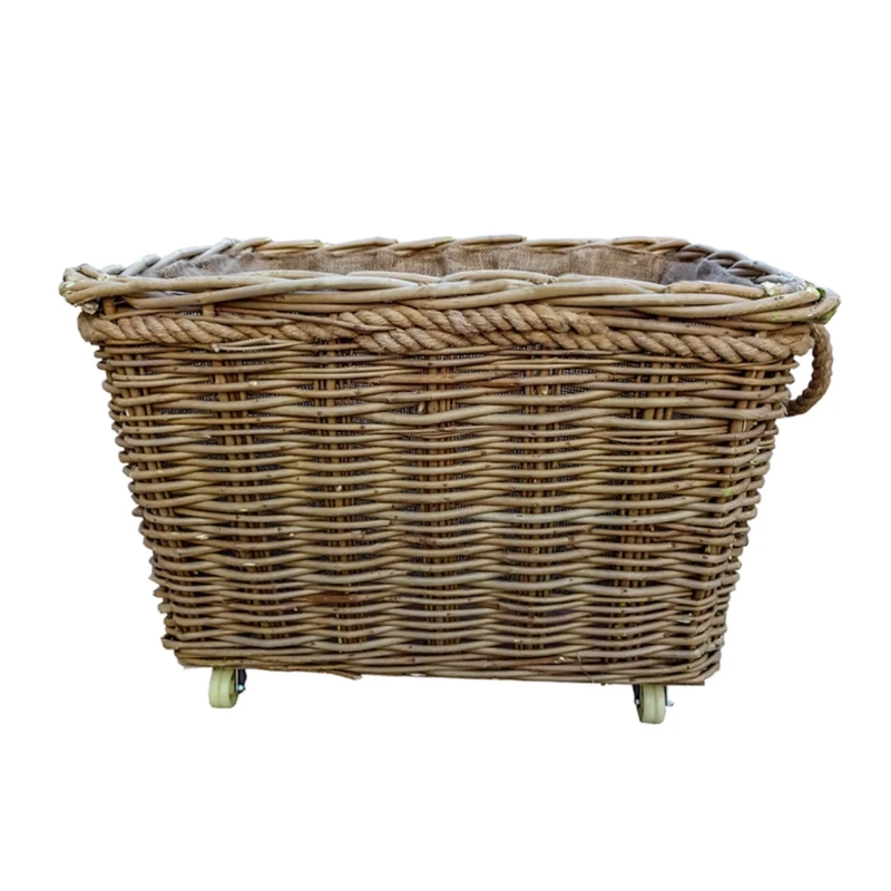 Image of Red Hamper Wicker Extra Large Rope Handle Log Basket on Wheels in Brown Brown Unisex
