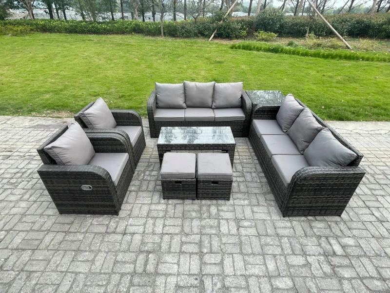 Image of Fimous 10 Seater Wicker PE Rattan Sofa Set Outdoor Patio Garden Furniture with 2 Reclining Chairs Coffee Table Side Table 2 Small Footstools Dark Grey
