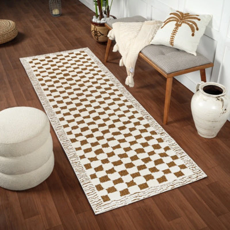 Image of Livabliss Freud-Modern Ivory Brown High Pile Checkered Living Dining Bedroom Rug 80 X 220 Cm Easy Care, Non Shedding