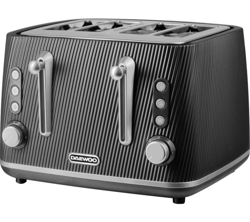 Image of Daewoo Daewoo 'Cascade' 4-Slice Toaster Ridge Textured Finish Defrost Reheat Cancel in Black Size: Large Black Large Unisex 5024996984194