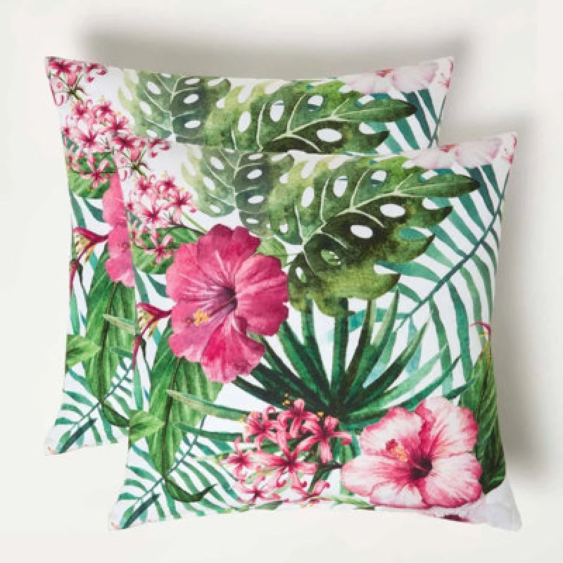 Image of Homescapes Botanical Flower Outdoor Cushion 45 x 45 cm, Set of 2 Green