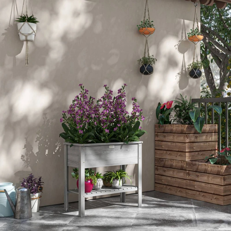 Image of OUTSUNNY Wooden Raised Garden Bed, Elevated Planter Box with Storage Shelf in Grey Grey Unisex