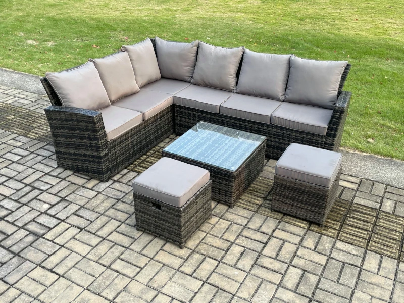 Image of Fimous 8 Seater Outdoor Furniture Garden Dining Set Rattan Corner Sofa Set with Square Coffee Table 2 Small Footstools Dark Grey Mixed Dark Grey