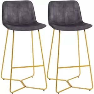Image of HOMCOM Bar Stools, Set of 2, Velvet-Touch Fabric Breakfast Bar Chairs with Footrest, Tall Kitchen Stools & Gold-Tone Metal Legs for Dining Area, Grey