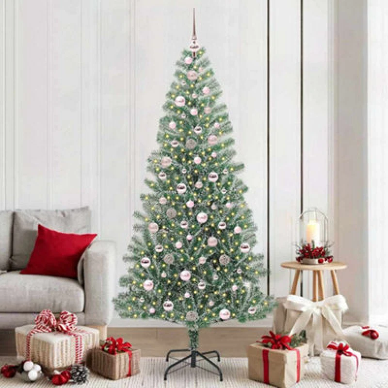 Image of vidaXL Artificial Christmas Tree Snow Flocked with LED Light, Pink Balls 210 cm, Green 3396826