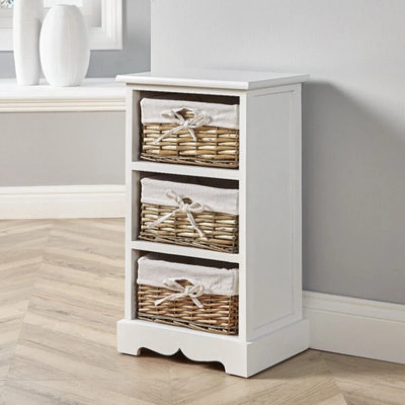 Image of Home Source Lichfield Fully Assembled 3 Wicker Basket Drawer Chest Storage Unit White
