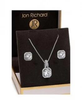 image of Jon Richard Jon Richard Silver Plated Crystal Square Halo Pendant and Earrings Set, One Colour, Women