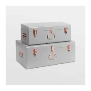 image of BTFY Storage Trunks 2Pcs Set Metal Grey/Rose Gold Hardware Stackable Vintage Suitcase Style