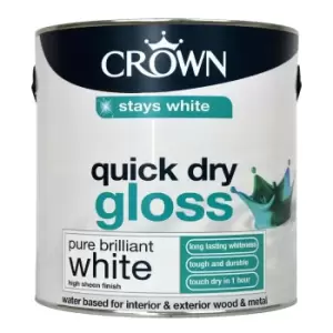 image of Crown Quick Dry Gloss Emulsion Paint, 2.5L, Pure Brilliant White