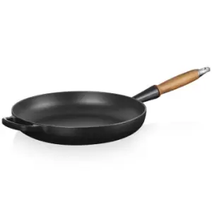 Image of Le Creuset 28cm Cast Iron Frying Pan With Wooden Handle Satin Black